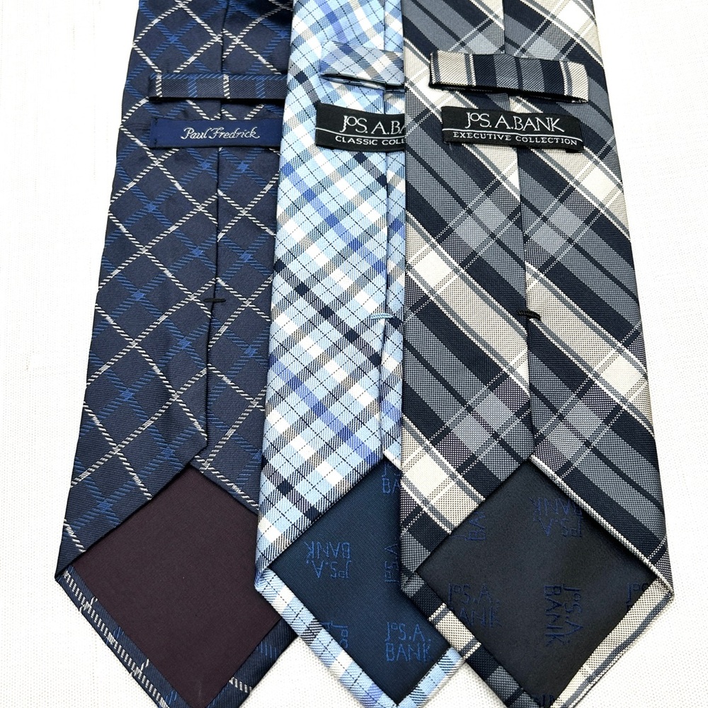 Jos A Bank Plaid Neck Tie Bundle of 3 Navy Royal Blue White 3 3/8-3.5” EUC - Picture 8 of 13
